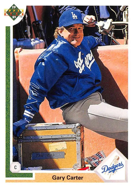 Baseball player in blue Dodgers uniform from 1991 Upper Deck Gary Carter baseball card