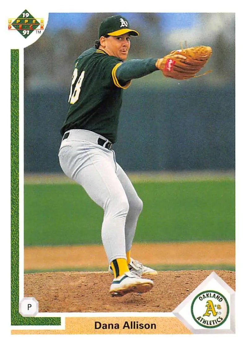 Oakland Athletics Dana Allison pitching in green and white uniform for Upper Deck card