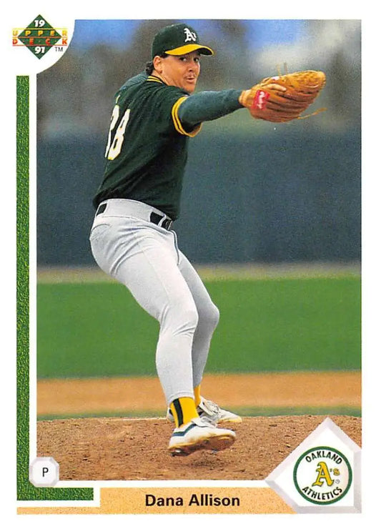 Oakland Athletics Dana Allison pitching in green and white uniform for Upper Deck card