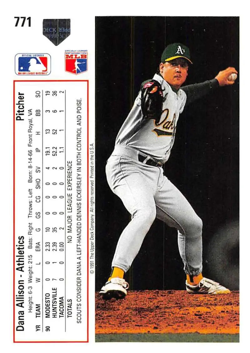 Dana Allison pitching in Oakland Athletics uniform from 1991 Upper Deck baseball card
