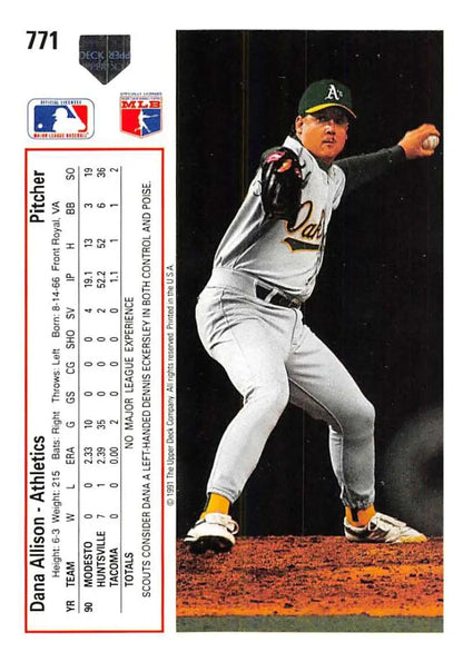 Dana Allison pitching in Oakland Athletics uniform from 1991 Upper Deck baseball card