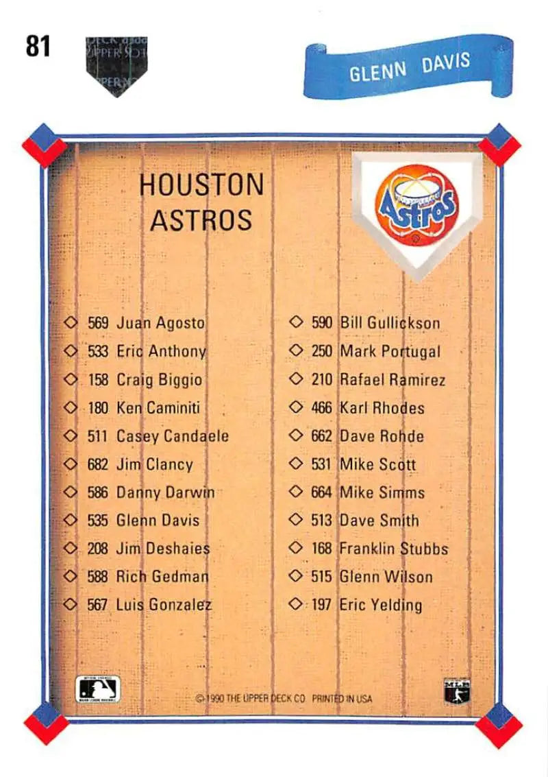 Houston Astros 1991 Upper Deck Baseball Card featuring Glenn Davis team roster