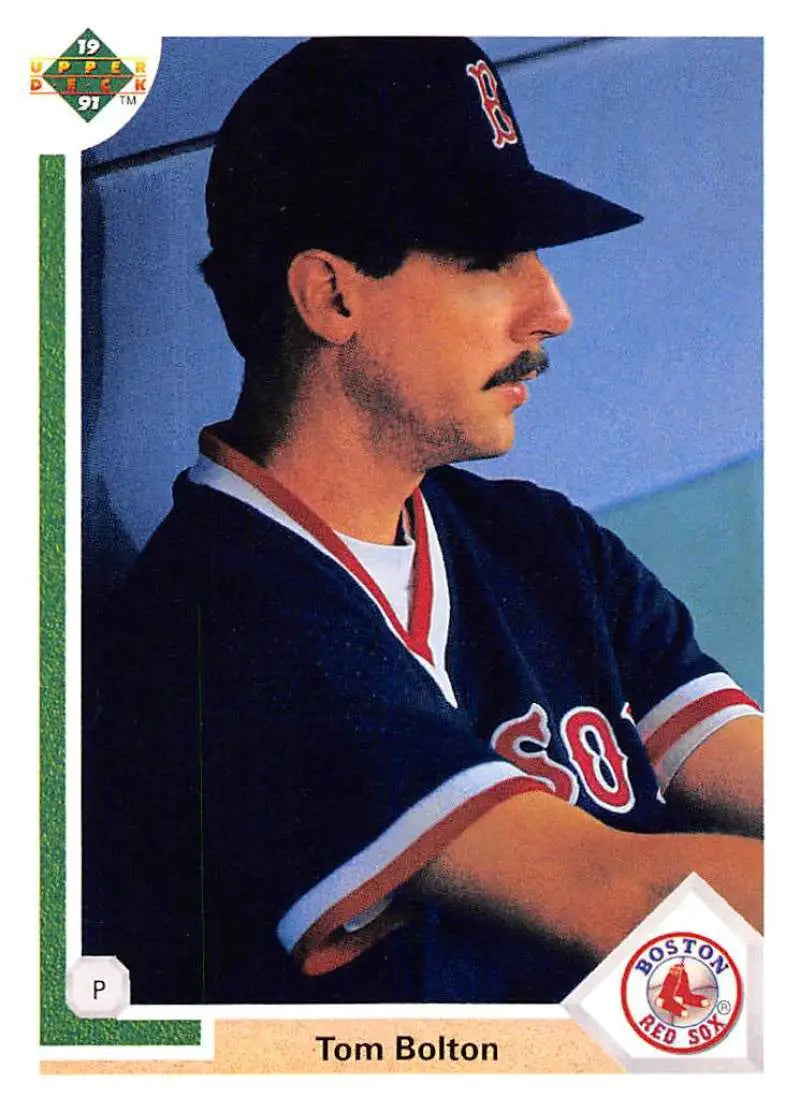 Baseball card of Tom Bolton in Red Sox uniform from Upper Deck 1991
