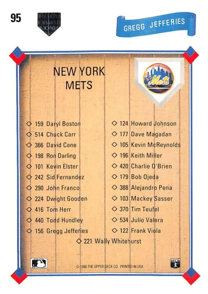 Baseball card roster featuring New York Mets players and Gregg Jefferies uniform number