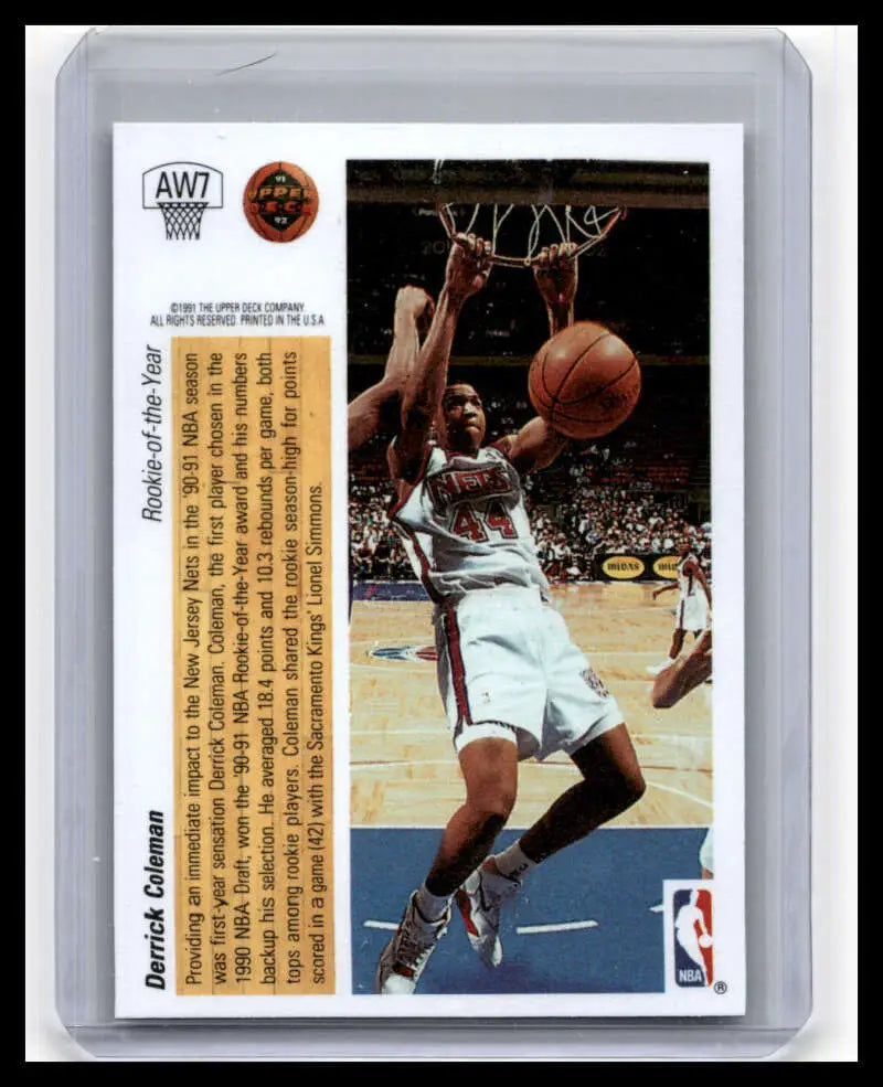 Basketball card of Derrick Coleman dunking in a teal Jersey Nets uniform