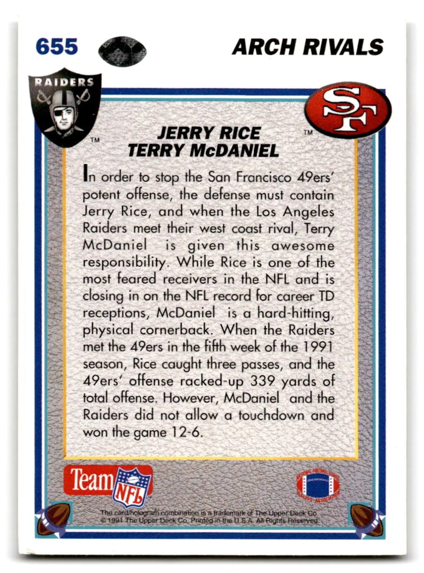 1994 Upper Deck Arch Rivals football trading card featuring Jerry Rice and Terry McDaniel