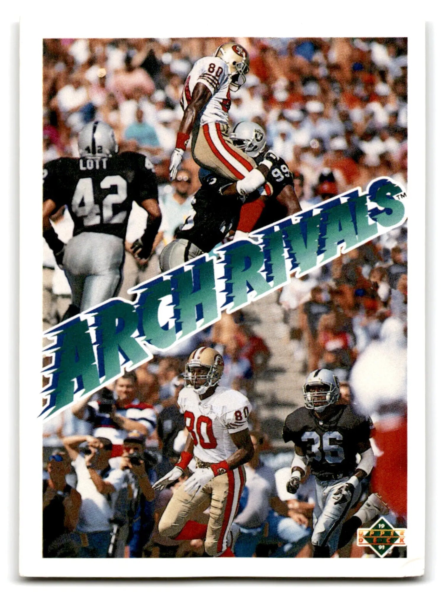 Vintage NFL trading card featuring collage of 49ers and Raiders with ARCH RIVALS text