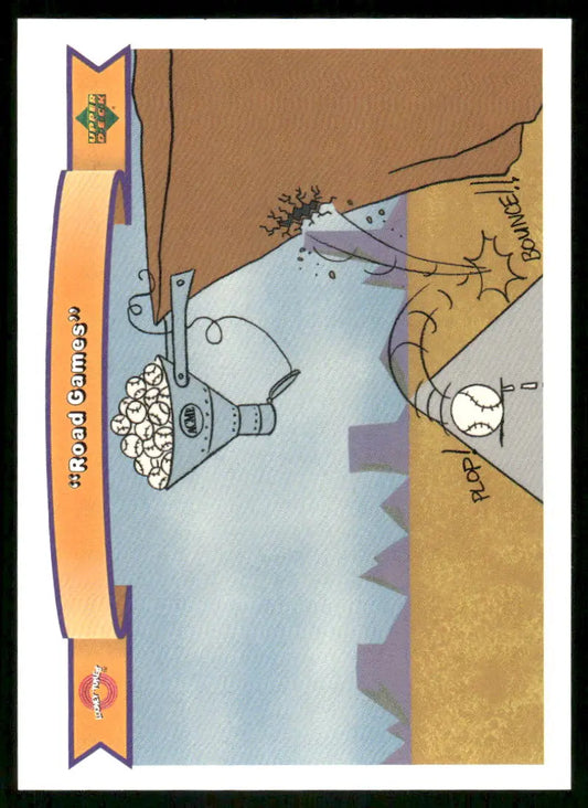 Baseball-themed cartoon art card from 1991 Upper Deck Looney Tunes featuring a machine dispensing baseballs