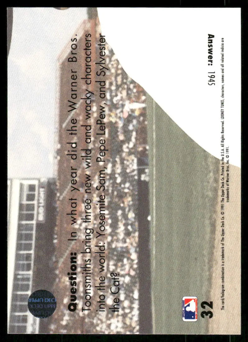 Baseball trading card from 1991 Upper Deck Looney Tunes series with trivia question and answer