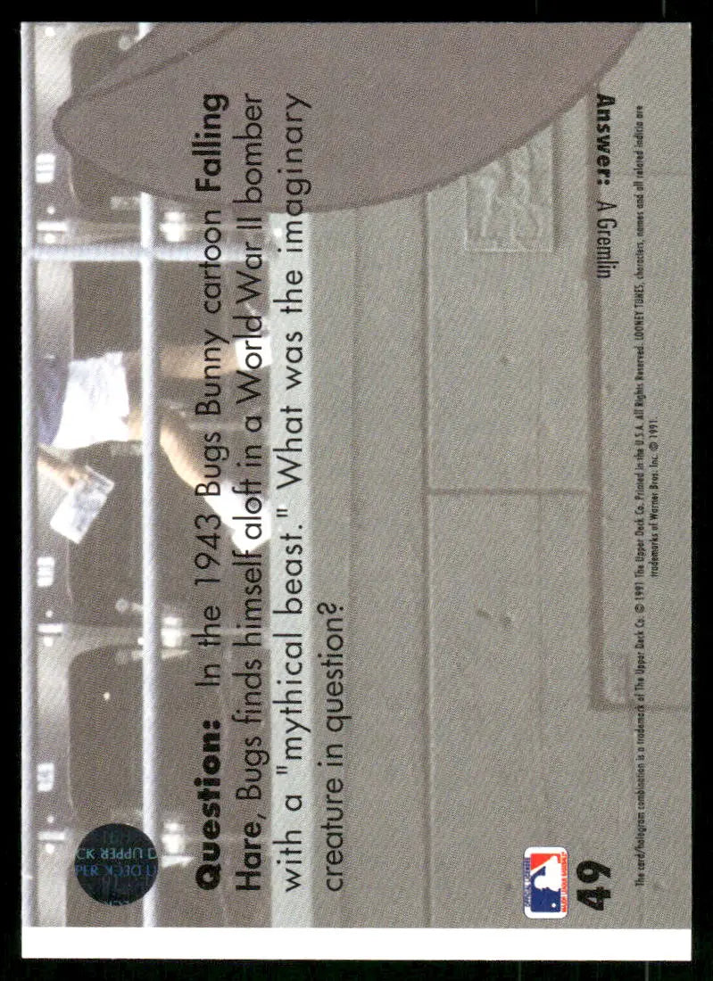 Back of 1991 Upper Deck Looney Tunes Bugs Bunny trading card with trivia question