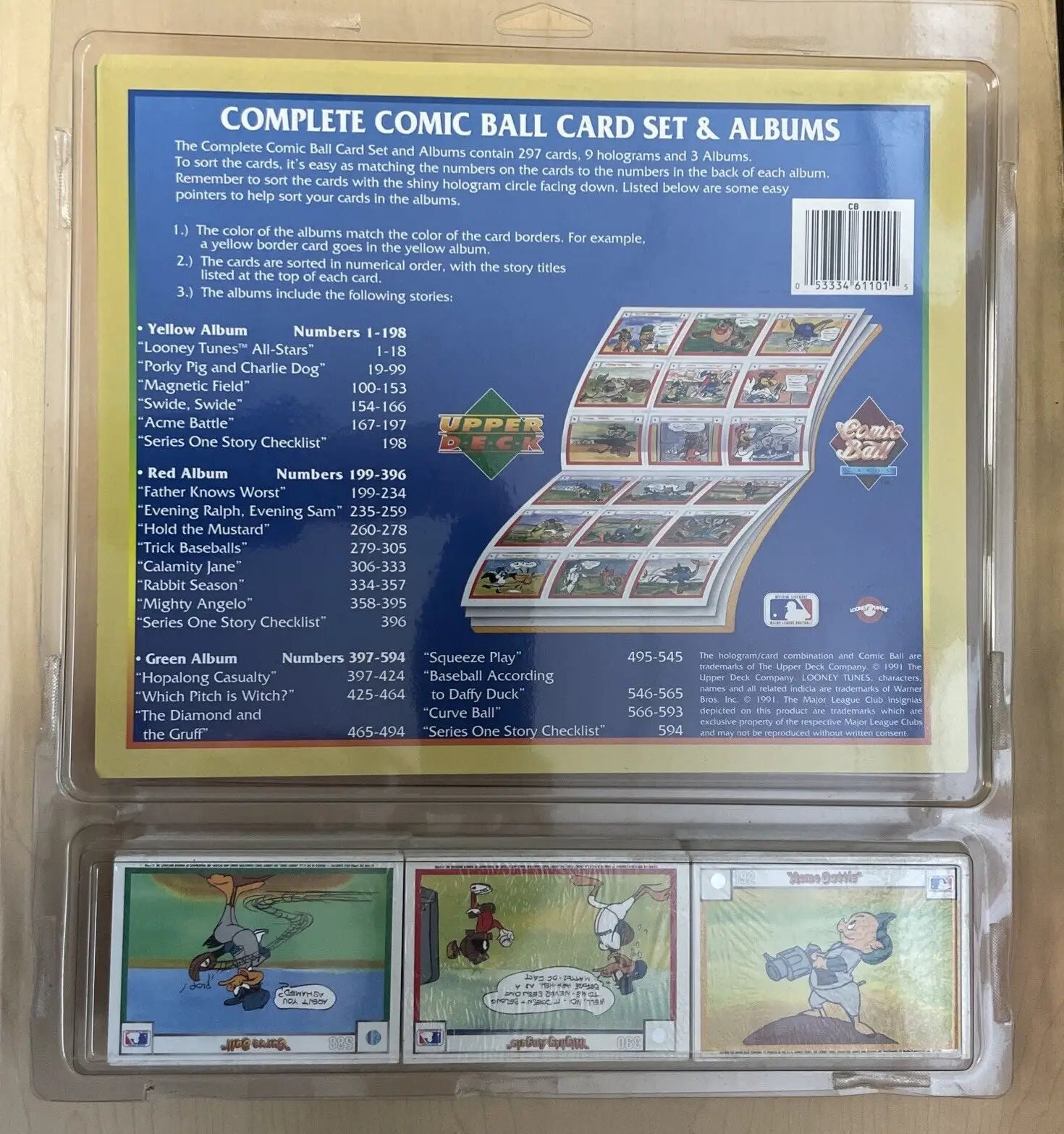 Complete 1991 Upper Deck Looney Tunes Comic Ball card set with sample cards displayed