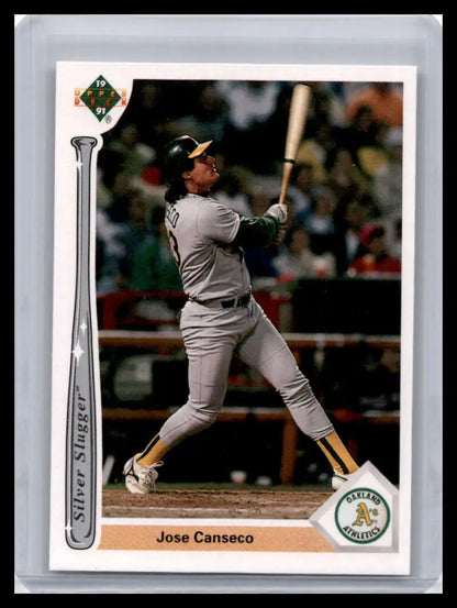 Jose Canseco Oakland Athletics baseball card in gray road uniform from 1991 Upper Deck