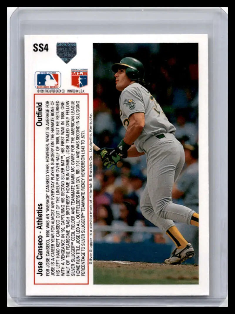Jose Canseco batting in gray uniform on 1991 Upper Deck Oakland Athletics Baseball Card