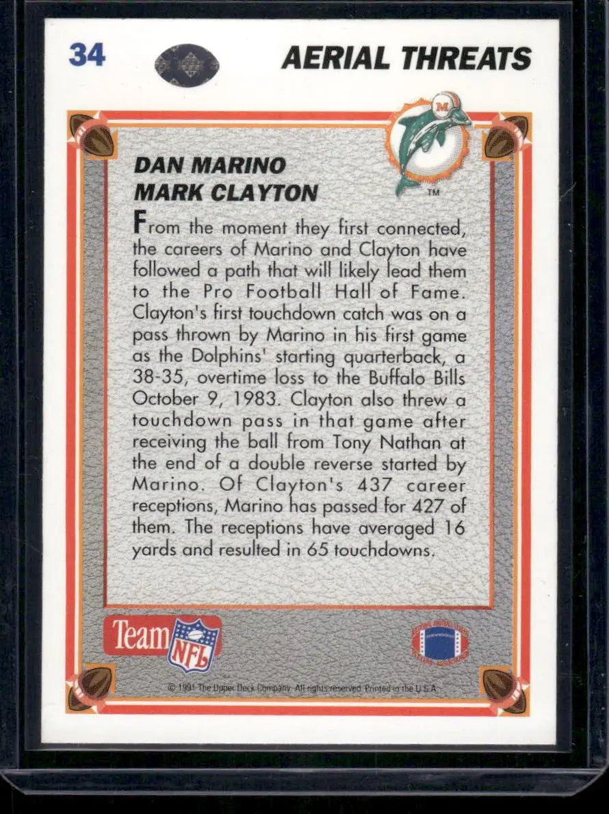 1991 Upper Deck Team NFL Aerial Threats Dan Marino Mark Clayton #34 Football - Football Card