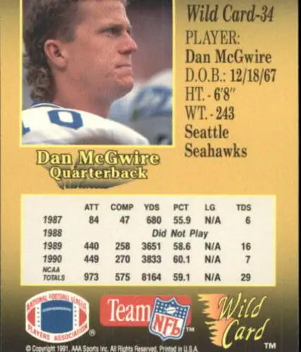 1991 Wild Card #34 Dan McGwire RC football card with original gloss, Seahawks rookie