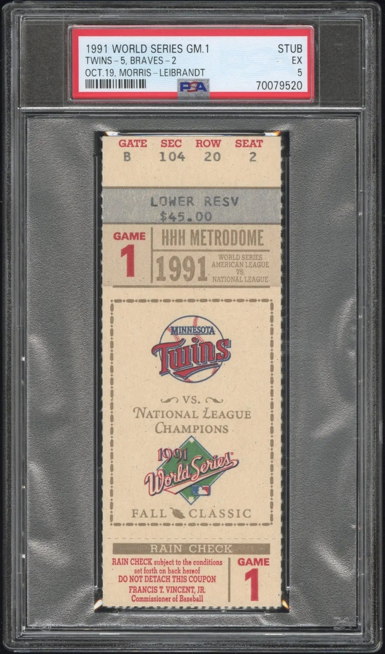PSA 5 Ex Ticket Stub from World Series Game 1, 1991 Minnesota Twins vs Atlanta Braves