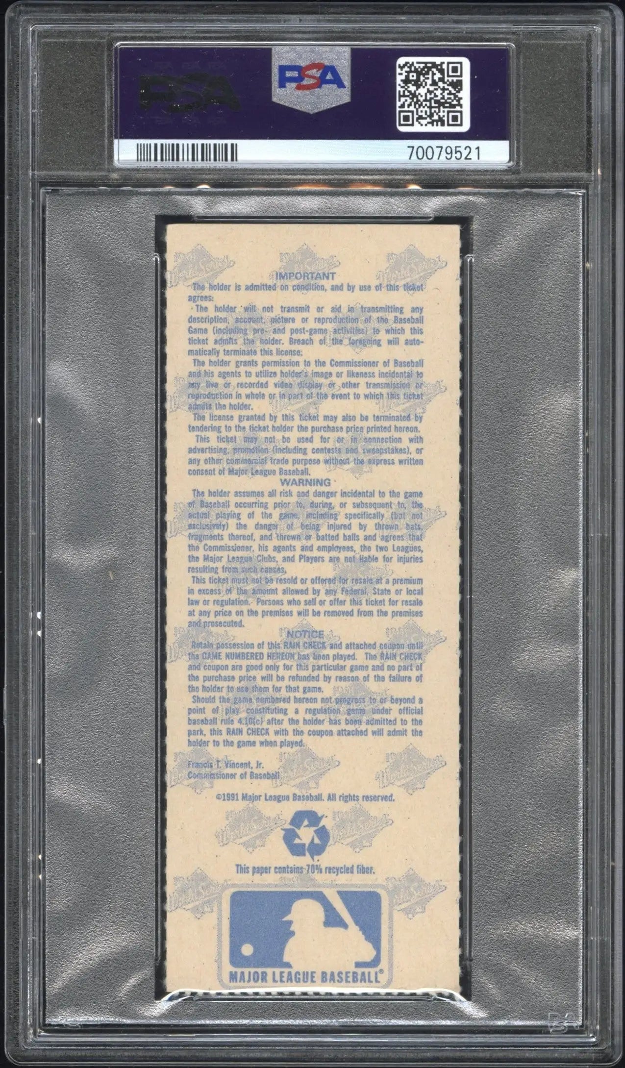 PSA-graded 1991 World Series Game 2 ticket stub showcased in protective holder