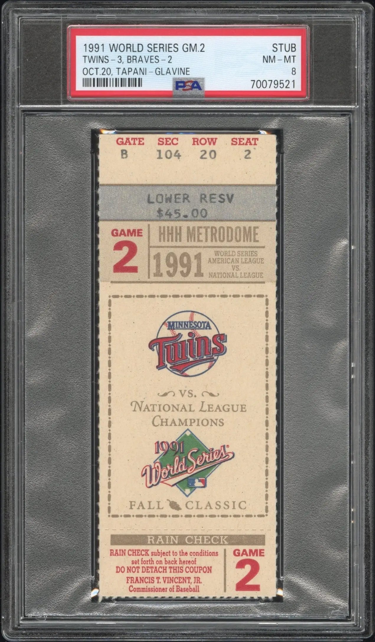 PSA 8 Nm-Mint Ticket Stub from 1991 World Series Game 2 at Metrodome