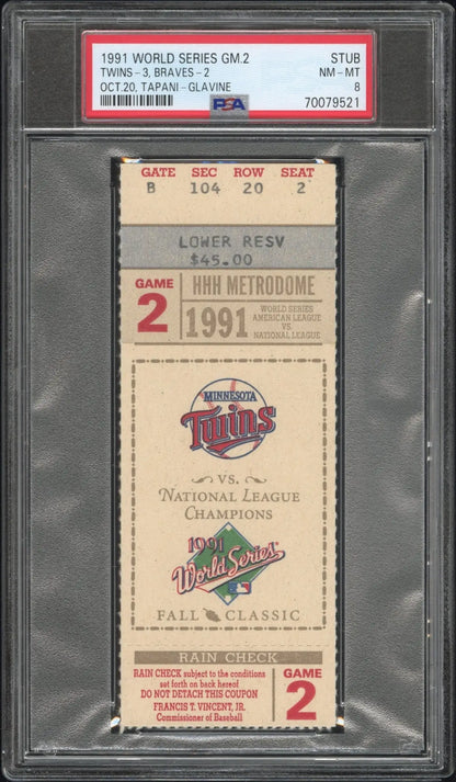 PSA 8 Nm-Mint Ticket Stub from 1991 World Series Game 2 at Metrodome