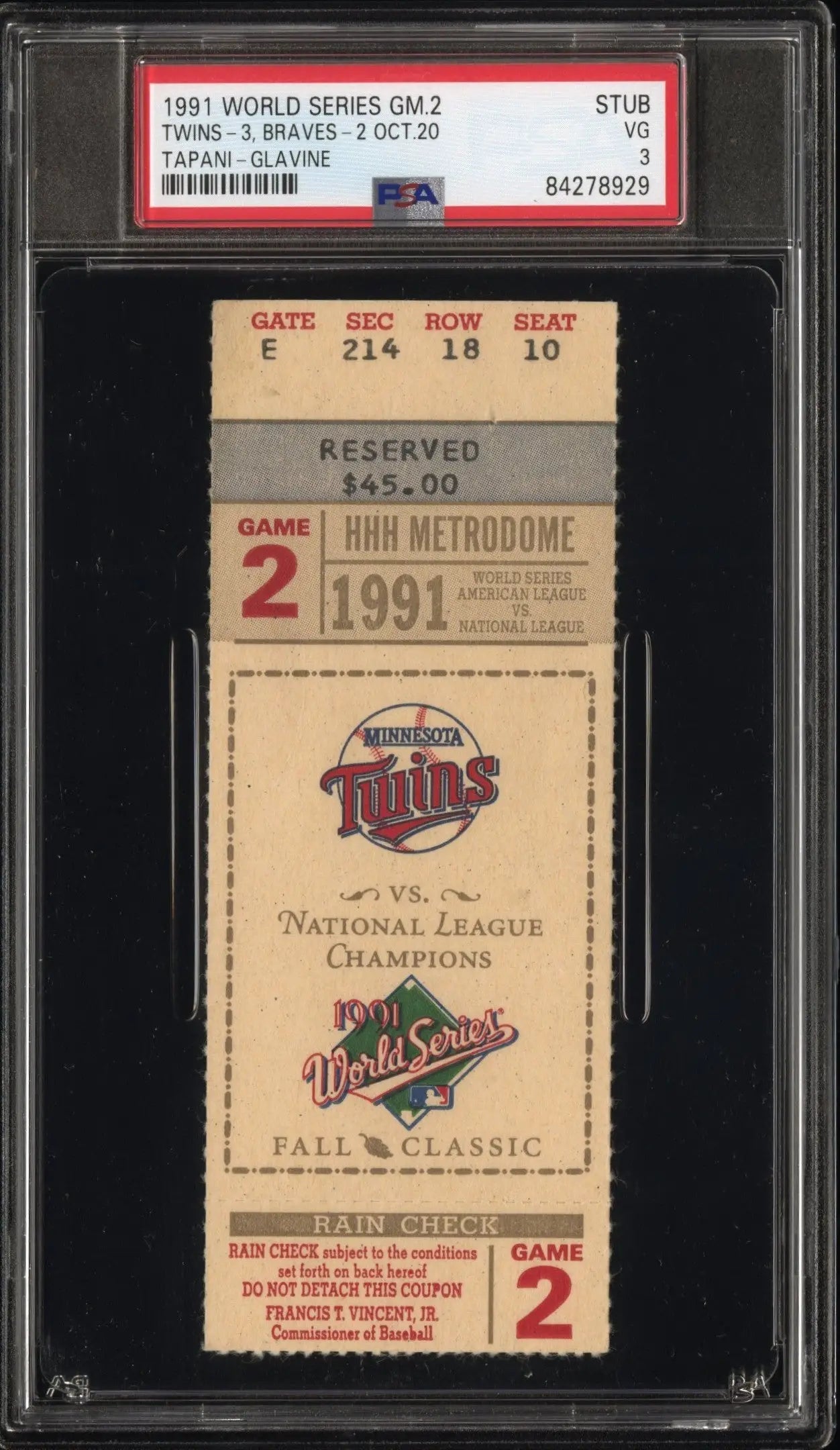 1991 World Series Game 2 Ticket Stub PSA 2 Good with Minnesota Twins logo and Fall Classic text