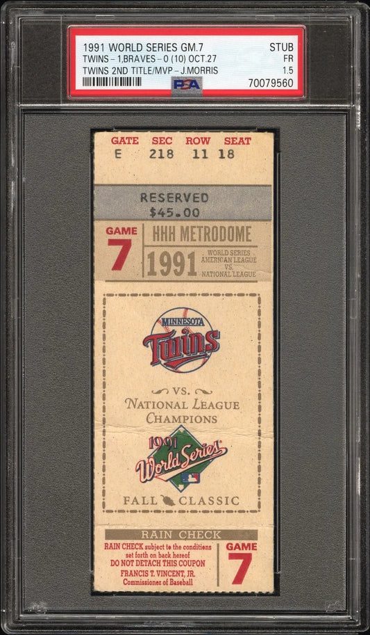 1991 World Series Game 7 ticket stub PSA 1.5 Fair encapsulated for collectors