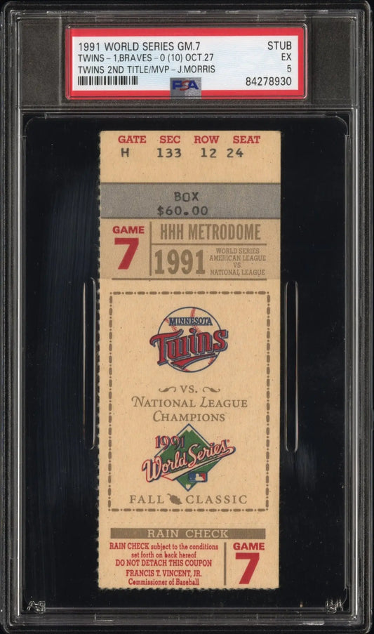 1991 World Series Game 7 Ticket Stub PSA 5 Ex featuring Twins vs Braves matchup