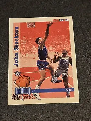 Basketball trading card featuring John Stockton from 1992-93 Hoops series