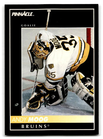 Andy Moog 1992-93 Pinnacle #91 trading card showcasing the hockey legend Andy Moog