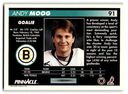1992-93 Pinnacle #91 Andy Moog trading card featuring the hockey star Andy Moog