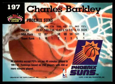Charles Barkley basketball card from 1992-93 Stadium Club featuring Phoenix Suns star