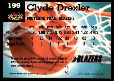 Basketball card featuring Clyde Drexler statistics from 1992-93 Stadium Club, Portland Trail Blazers