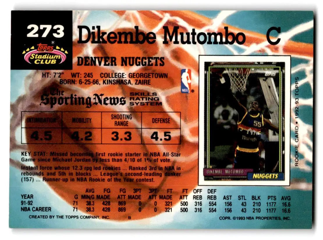 Dikembe Mutombo 1992-93 Stadium Club #273 trading card for collectors
