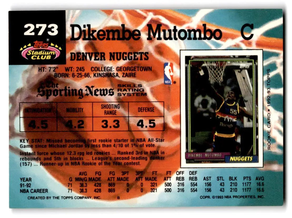Dikembe Mutombo 1992-93 Stadium Club #273 trading card for collectors