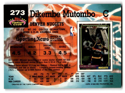 Dikembe Mutombo 1992-93 Stadium Club #273 trading card for collectors