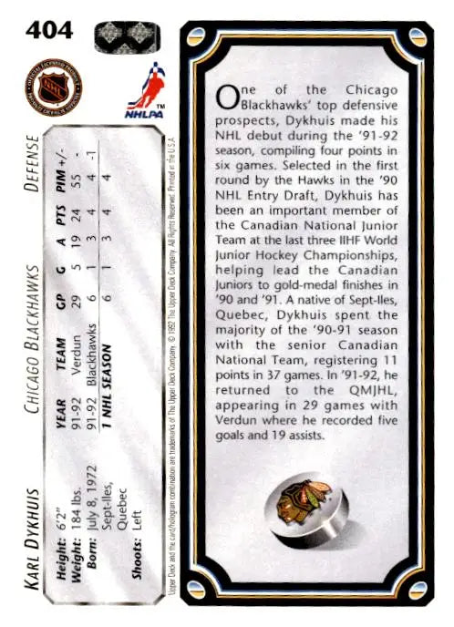 1992-93 Upper Deck #404a Karl Dykhuis - Trading Card