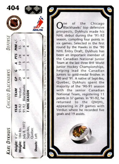 1992-93 Upper Deck #404a Karl Dykhuis - Trading Card