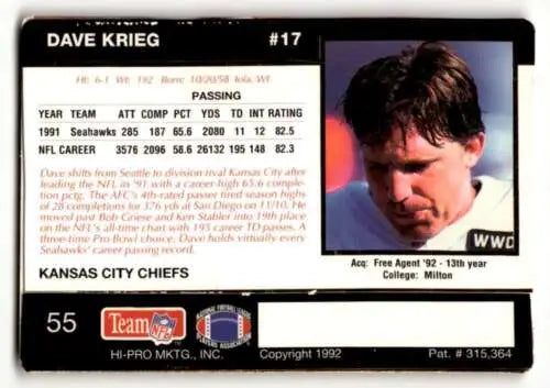 Original gloss 1992 Action Packed #55 Dave Krieg Kansas City Chiefs Football Card