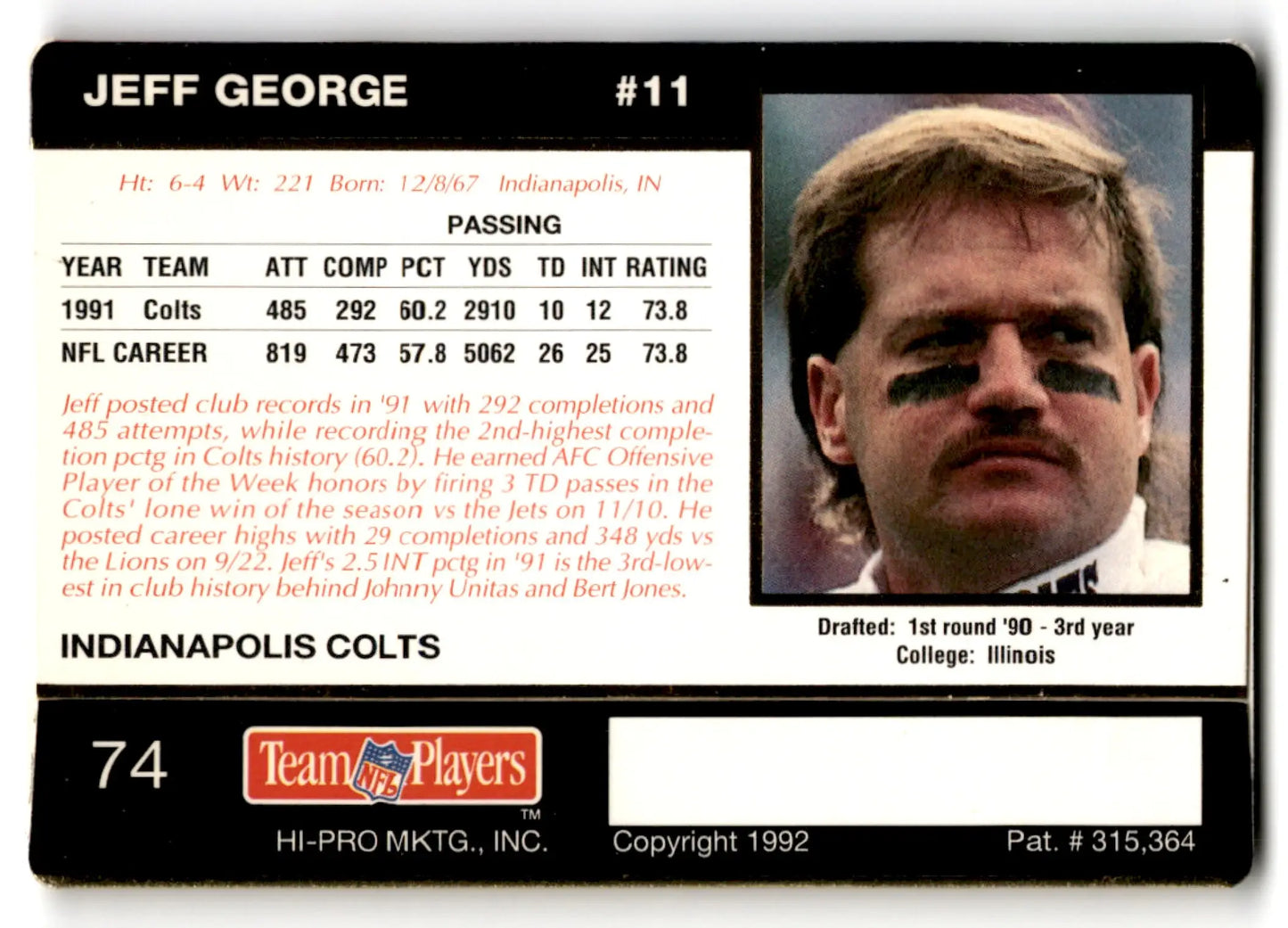 1992 Action Packed Football Rookie Jeff George #74 Indianapolis Colts trading card