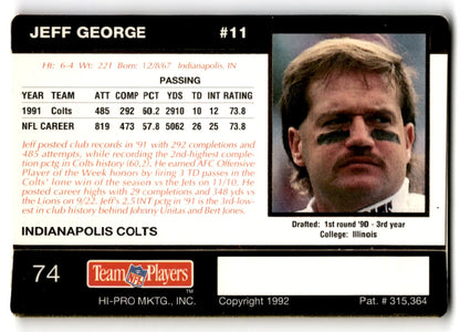1992 Action Packed Football Rookie Jeff George #74 Indianapolis Colts trading card