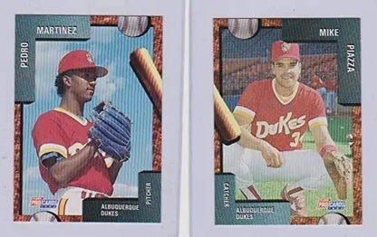 Two Albuquerque Dukes team cards from 1992 team card set featuring Mike Piazza and Pedro Martinez