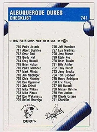 Baseball card checklist for 1992 Albuquerque Dukes team card set featuring Mike Piazza and Pedro Martinez