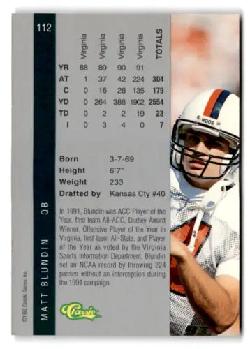 Matt Blundin football card from 1992 Classic Four Sport with original gloss and NM condition