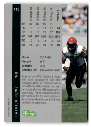 Football card back of 1992 Classic Four Sport #113 Patrick Rowe with original gloss