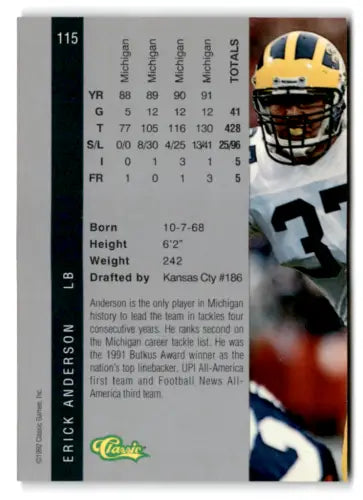 1992 Classic Four Sport #115 Erick Anderson football card in Near Mint condition