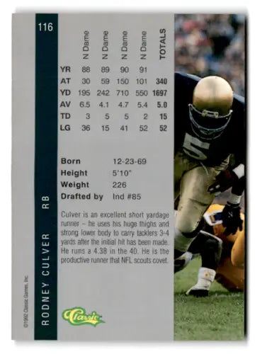 Rodney Culver 1992 Classic Four Sport card with original gloss, Near Mint Colts condition