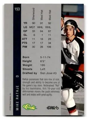 Hockey card of Mike Rathje from 1992 Classic Four Sport #153 collectible series