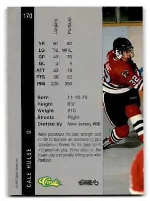 Hockey card back of 1992 Classic Four Sport Cale Hulse #170 featuring player stats