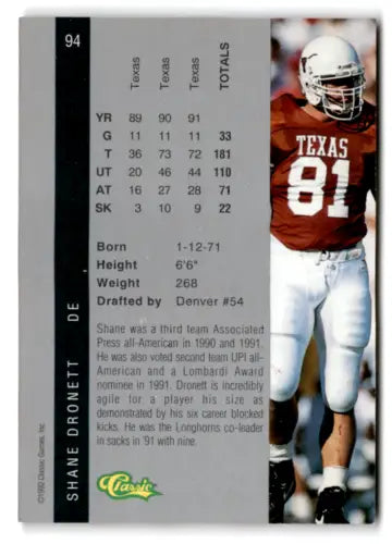 1992 Classic Four Sport #94 Shane Dronett football card in original gloss condition