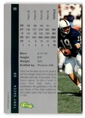 1992 Classic Four Sport #98 Tony Sacca football card in original gloss, NM condition