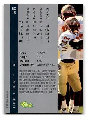 1992 Classic Four Sport BC15 Terrell Buckley football card for collectors